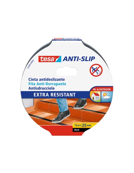 Cinta antideslizante adhesiva tesa uso interior / exterior color negro 15 mt x 25 mm