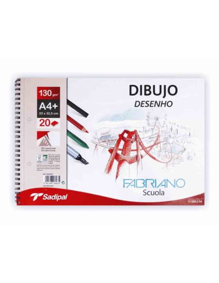 Bloc dibujo sadipal fabriano din a4+ espiral 20 hojas 2 taladros 130g/m2 grano suave microperforado liso