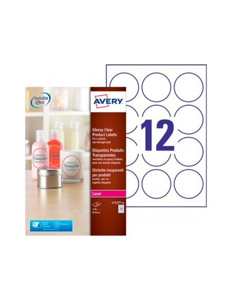 Etiqueta adhesiva avery brillante invisible redonda laser 60 mm caja de 120 unidades