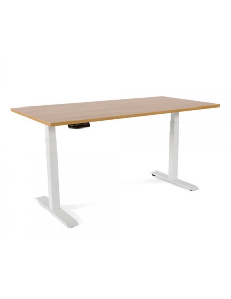 Mesa rocada regulable en altura electricamente hasta 129 cm estructura de acero tablero 160 cm color roble