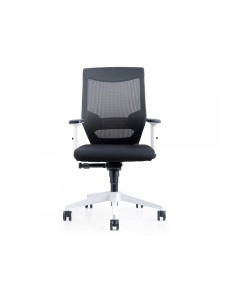 Silla rocada de oficina con brazos regulables y respaldo malla negro tapizada en tela ignifuga negro color blanco
