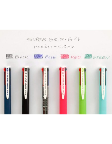 Boligrafo pilot super grip g 4 colores retractil sujecion de caucho tinta base de aceite cuerpo transparente