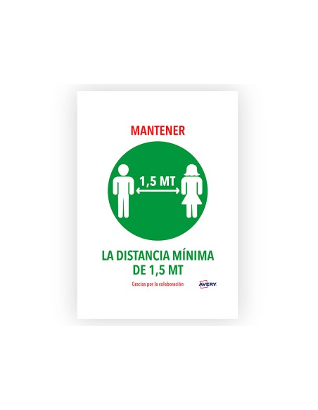 Señal adhesiva avery mantener distancia minina de 1,5 mt din a4 resistente a los rayos uv pack de 2 unidades