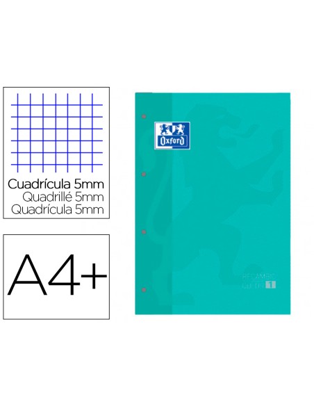 Recambio color 1 oxford din a4+ 80 hojas 90 gr cuadro 5 mm 4 taladros color ice mint