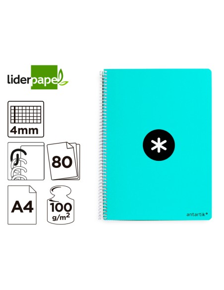 Cuaderno espiral a4 antartik tapa dura 80h 90gr cuadro 4mm con margen color menta