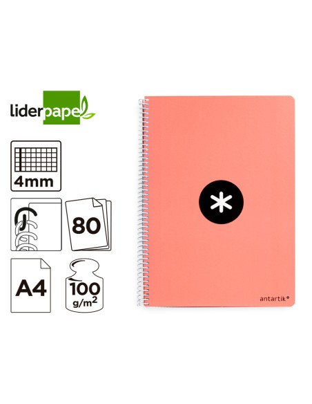 Cuaderno espiral a4 antartik tapa dura 80h 90gr cuadro 4mm con margen color coral