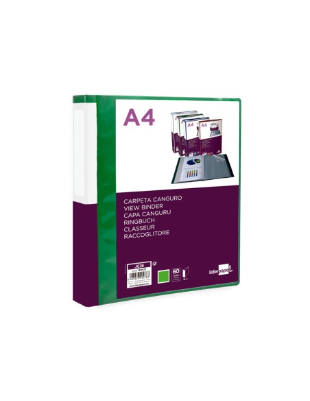 Carpeta liderpapel 60 fundas canguro pp din a4 verde translucido portada y lomo personalizable