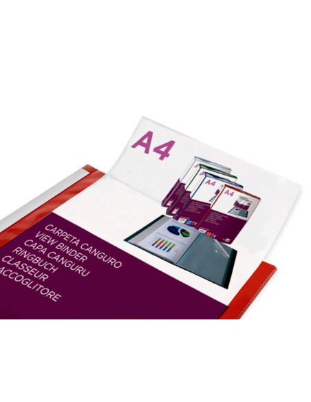 Carpeta liderpapel 30 fundas canguro pp din a4 rojo translucido portada y lomo personalizable