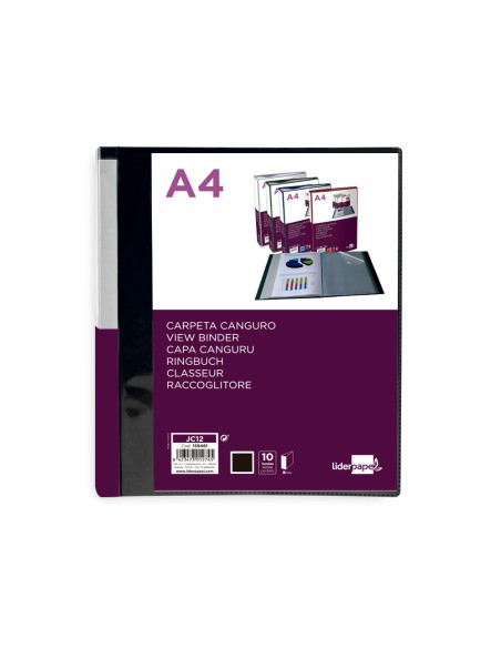 Carpeta liderpapel 10 fundas canguro pp din a4 negro opaco portada y lomo personalizable