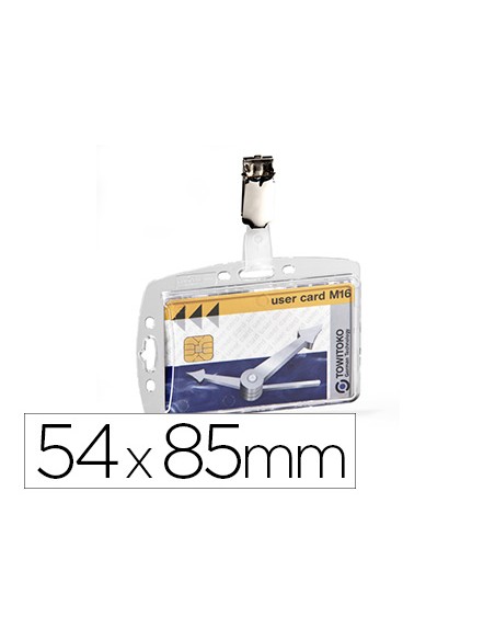Identificador con pinza giratoria durable acrilico horizontal con uñero para pases de seguridad 54x85 mm