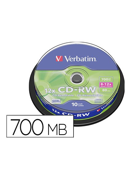 Cd-rw verbatim serl capacidad 700mb velocidad 12x 80 min tarrina de 10 unidades