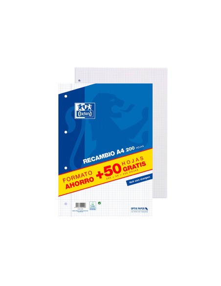 Recambio oxford din a4 200 + 50 hojas gratis...