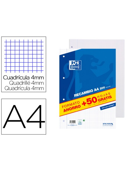 Recambio oxford din a4 200 + 50 hojas gratis cuadro 4 mm con margen