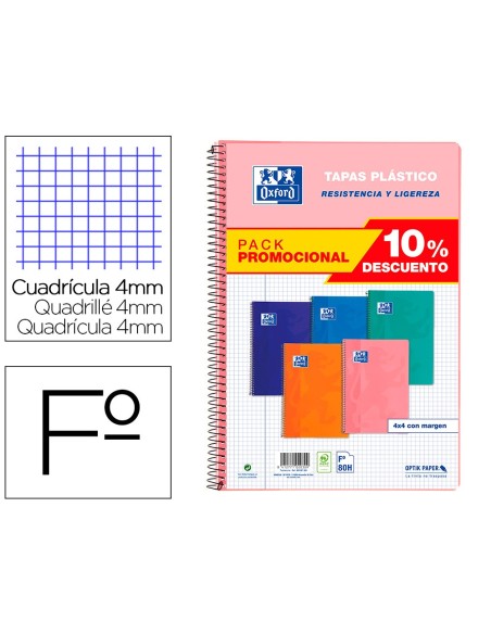 Cuaderno espiral oxford tapa plastico folio 80...