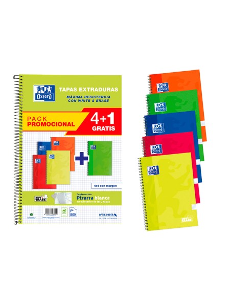 Cuaderno espiral oxford tapa extradura folio 80 hojas cuadro 4 mm con pizarra blancapack 4+1 colores clasicos