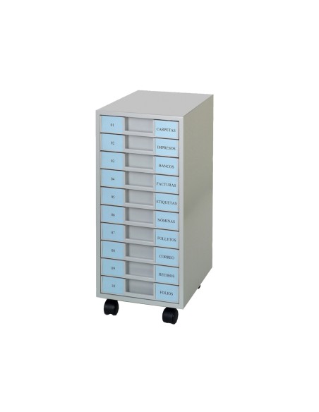 Archivador metalico clen 10 bandejas plastico de 5,5 cm de altura con ruedas color gris claro 680x303x371 mm