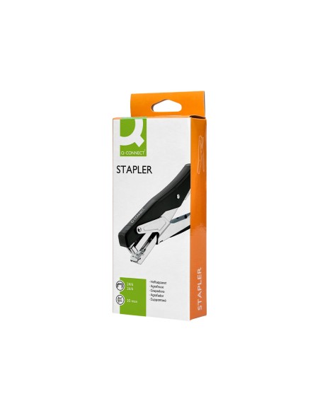 Grapadora q-connect metalizada y negra de tenaza tacto suave capacidad 25 hojas usa grapas 24/6 y 26/6