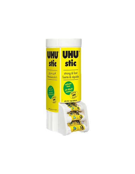 Pegamento uhu barra expositor sobremesa multiformato 8-21-40 gr 530x190x210 mm + 12 uds sin cargo 21 gr