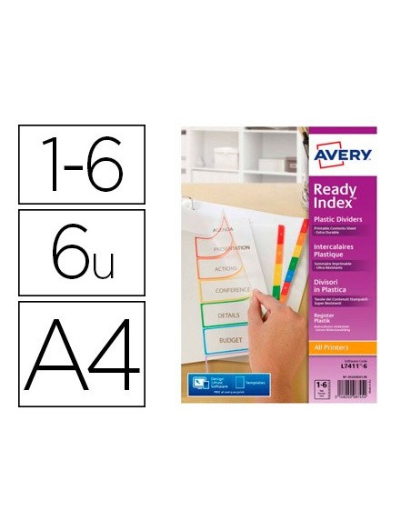 Separador avery polipropileno din a4 6 pestañas...