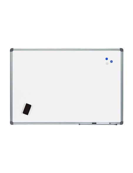 Pizarra blanca rocada acero vitrificado magnetico marco aluminio y cantoneras pvc 180x120 cm incluye bandeja