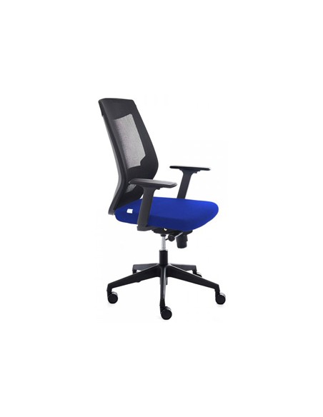 Silla rocada de oficina con brazos tapizada en tela ignifuga azul y respaldo en polimero negro