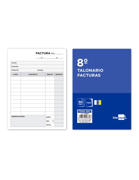 Talonario liderpapel facturas 8º original y 2 copias t300 con i.g.i.c.