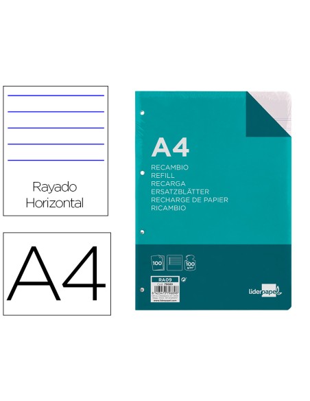Recambio liderpapel a4 100 hojas 100 g/m2 rayado horizontal con margen 4 taladros