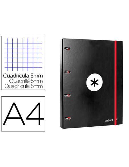Carpeta con recambio antartik a4 cuadro 5mm forrada 4 anillas 25mm redondas color negro