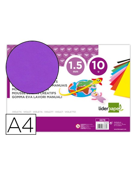 Goma eva liderpapel din a4 60g/m2 espesor 1,5mm violeta paquete de 10 hojas