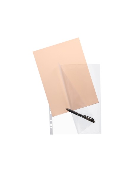 Funda multitaladro q-connect din a4 80 micras cristal bolsa de 25 unidades con apertura superior y lateral izquierda