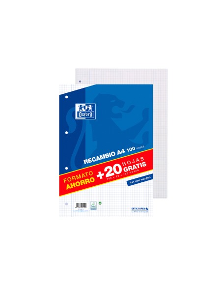 Recambio oxford a4 100 + 20 hojas gratis 90 gr cuadro 4mm 4 taladros