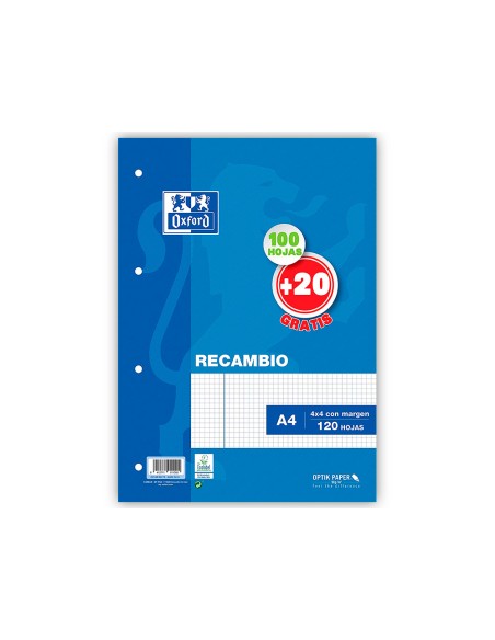 Recambio oxford a4 100 + 20 hojas gratis 90 gr cuadro 4mm 4 taladros