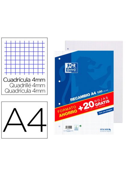 Recambio oxford a4 100 + 20 hojas gratis 90 gr cuadro 4mm 4 taladros