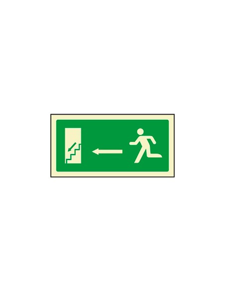 Pictograma syssa señal de salida emergencia izquierda escalera bajando en pvc fotoluminiscente 320x160 mm