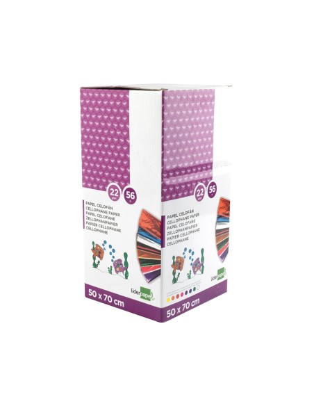 Papel celofan liderpapel 50x70 cm expositor de 56 bolsas de 5 hojas 8 colores surtidos