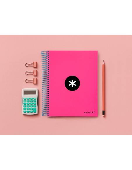 Cuaderno espiral a5 micro antartik tapa forrada 120h 90 gr liso con bandas 6 taladros color rosa fluor