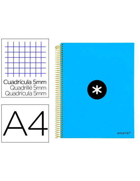 Cuaderno espiral a4 micro antartik tapa forrada 120h 90 gr cuadro 5mm 5 bandas 4 taladros color azul