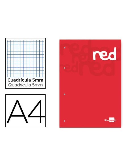 Bloc encolado liderpapel cuadro 5 mm rojo a4...