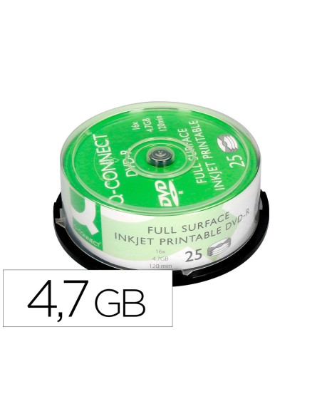 Dvd-r q-connect con superficie 100% imprimible para inkjet capacidad 4,7gb duracion 120mivelocidad 16x bote de 25 unid