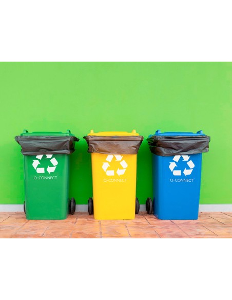 Papelera contenedor q-connect plastico azul para papel y carton 100l con tapa y ruedas 750x470x370 mm