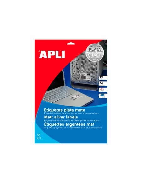 Etiqueta adhesiva apli 10071 metalizada tamaño 210x297 mm para fotocopiadora laser caja 20 hojas