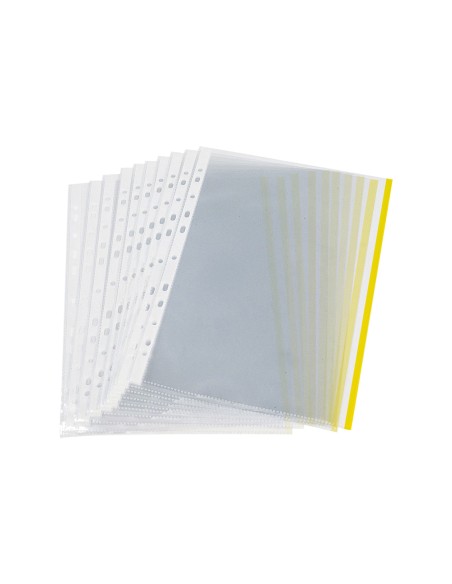 Funda multitaladro q-connect din a4 70 mc pp cristal con borde amarillo bolsa de 10 unidades