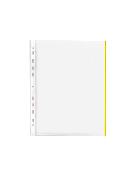 Funda multitaladro q-connect din a4 70 mc pp cristal con borde amarillo bolsa de 10 unidades