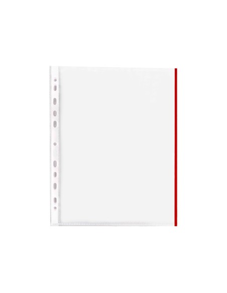 Funda multitaladro q-connect din a4 70 mc pp cristal con borde rojo bolsa de 10 unidades
