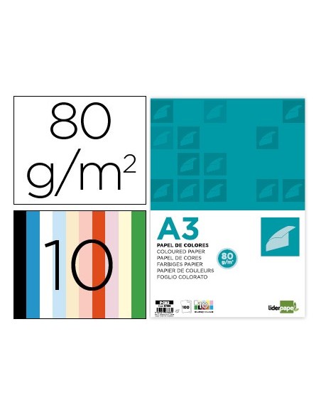 Papel color liderpapel a3 80gr 10 colores...