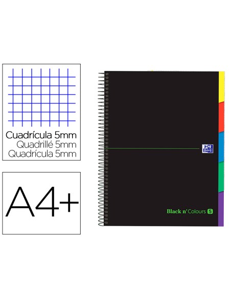 Cuaderno espiral oxford ebook 5 tapa extradura din a4+ 100 h con separadores cuadricula 5 mm black'n colors verde
