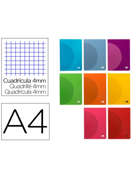 Libreta liderpapel 360 tapa de plastico a4 48 hojas 90g/m2 cuadro 4mm con margen colores surtidos