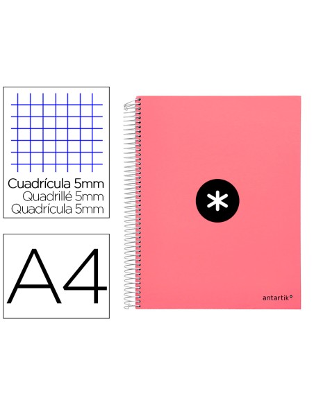 Cuaderno espiral a4 micro antartik tapa forrada 120h 90 gr cuadro 5mm 5 bandas 4 taladros color coral