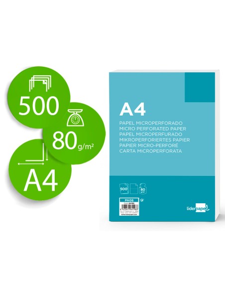 Papel liderpapel a4 80g/m2 liso microperforado en dos partes iguales paquete de 500 hojas