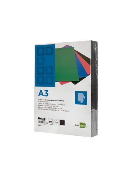 Tapa encuadernacion liderpapel carton a3 1mm negra paquete de 50 unidades